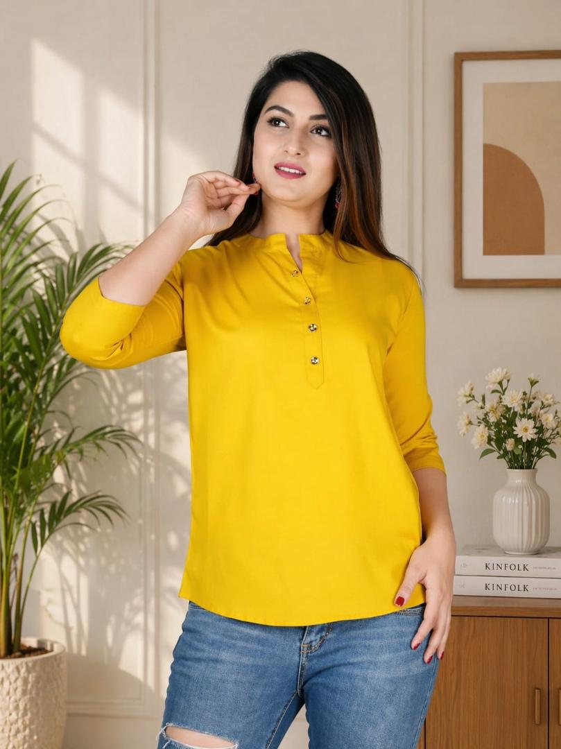 MUSTAKIN CREATION Cotton kurti. febrik leon cotton (Pack of 1) only kurti (Yellow)