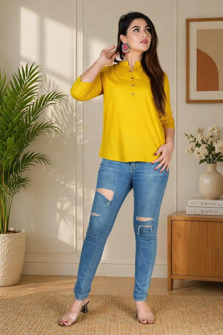 MUSTAKIN CREATION Cotton kurti. febrik leon cotton (Pack of 1) only kurti (Yellow)