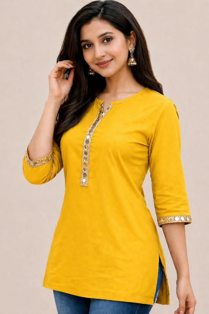 MUSTAKIN CREATION Cotton kurti. febrik leon cotton (Pack of 1) only kurti (Yellow)