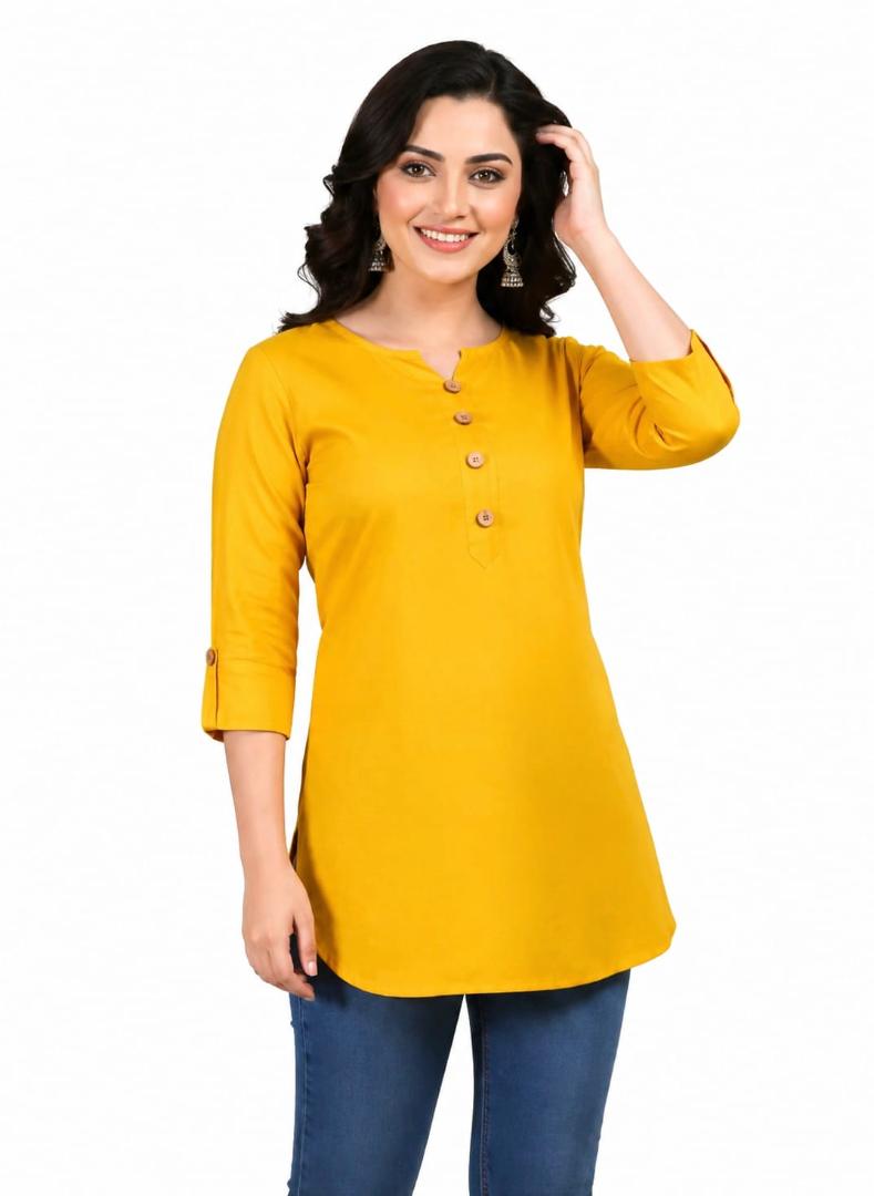 MUSTAKIN CREATION Cotton kurti. febrik leon cotton (Pack of 1) only kurti (Yellow)