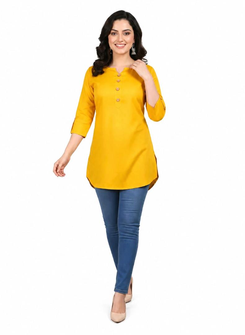 MUSTAKIN CREATION Cotton kurti. febrik leon cotton (Pack of 1) only kurti (Yellow)