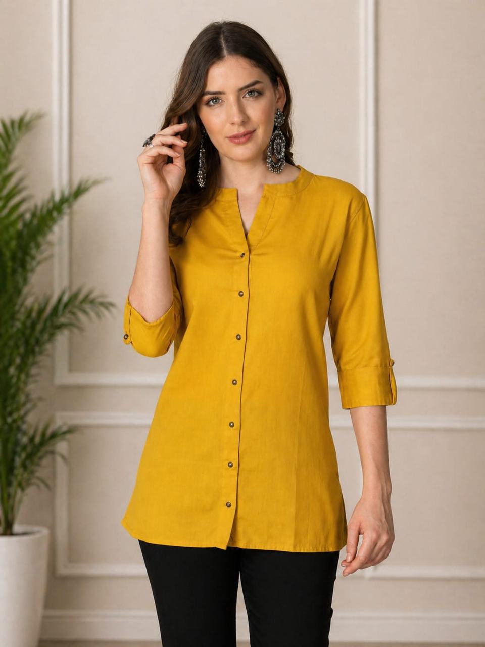 MUSTAKIN CREATION Cotton kurti. febrik leon cotton (Pack of 1) only kurti (Yellow)