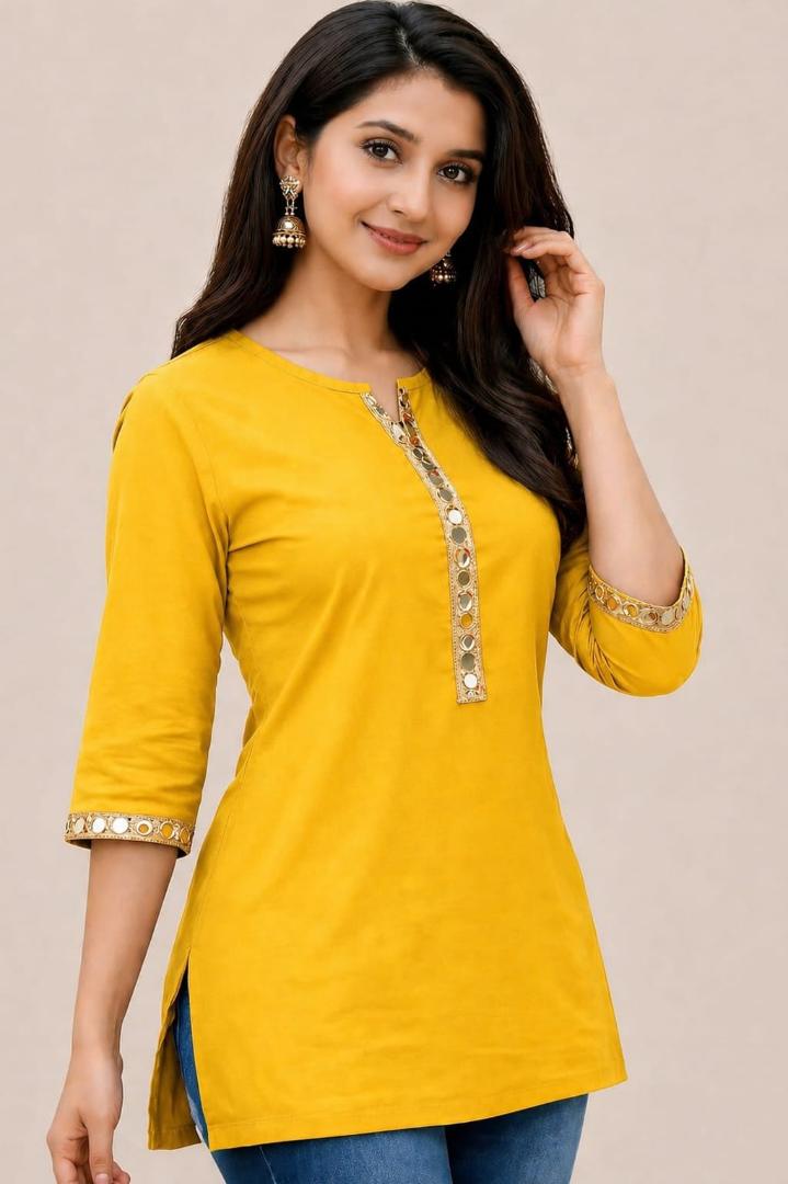 MUSTAKIN CREATION Cotton kurti. febrik leon cotton (Pack of 1) only kurti (Yellow)