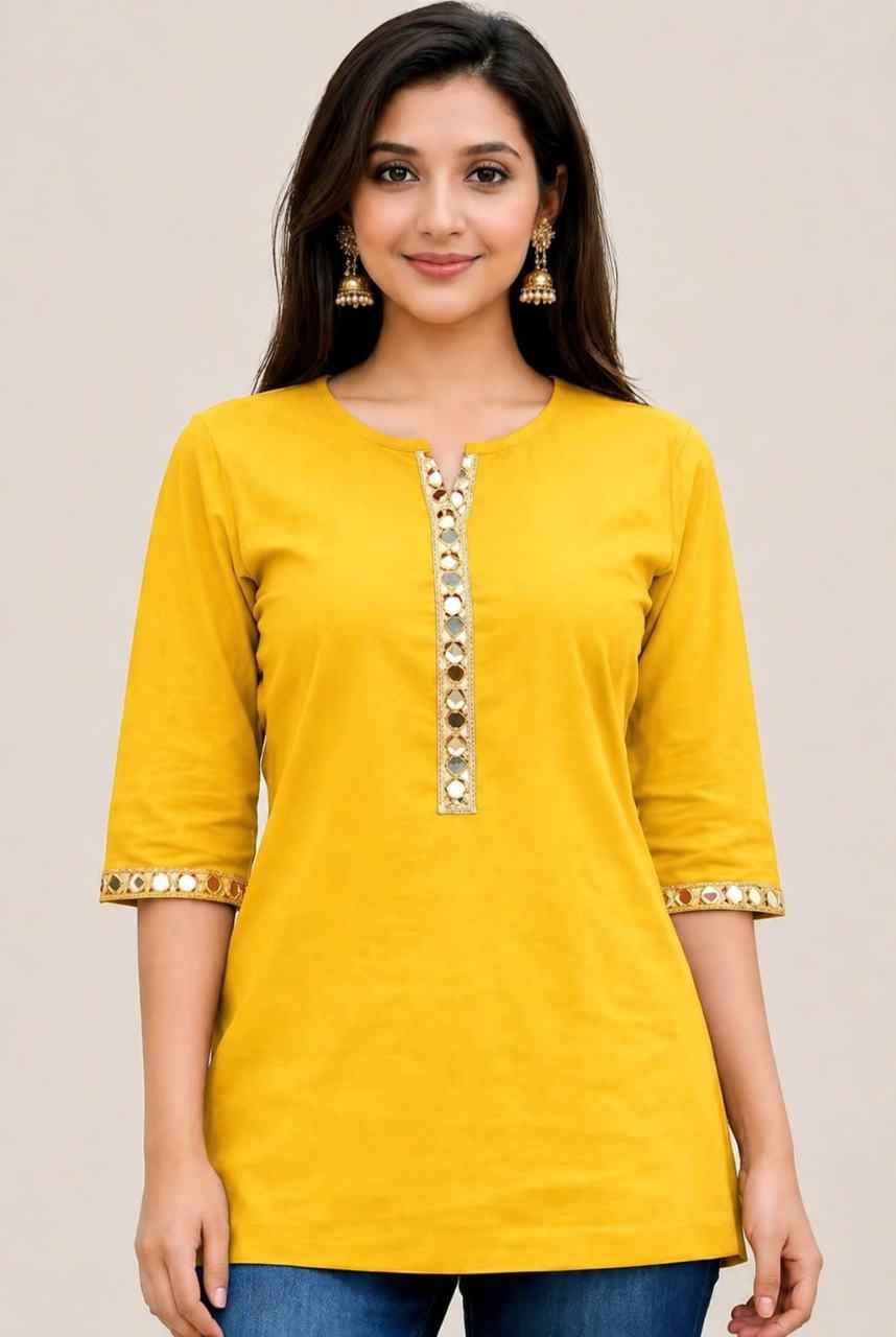 MUSTAKIN CREATION Cotton kurti. febrik leon cotton (Pack of 1) only kurti (Yellow)
