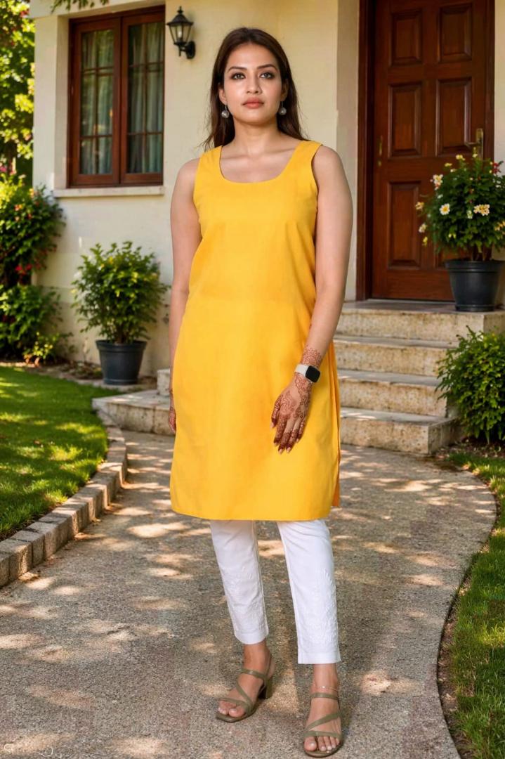 MUSTAKIN CREATION Cotton kurti. febrik leon cotton (Pack of 1) only kurti (Yellow)