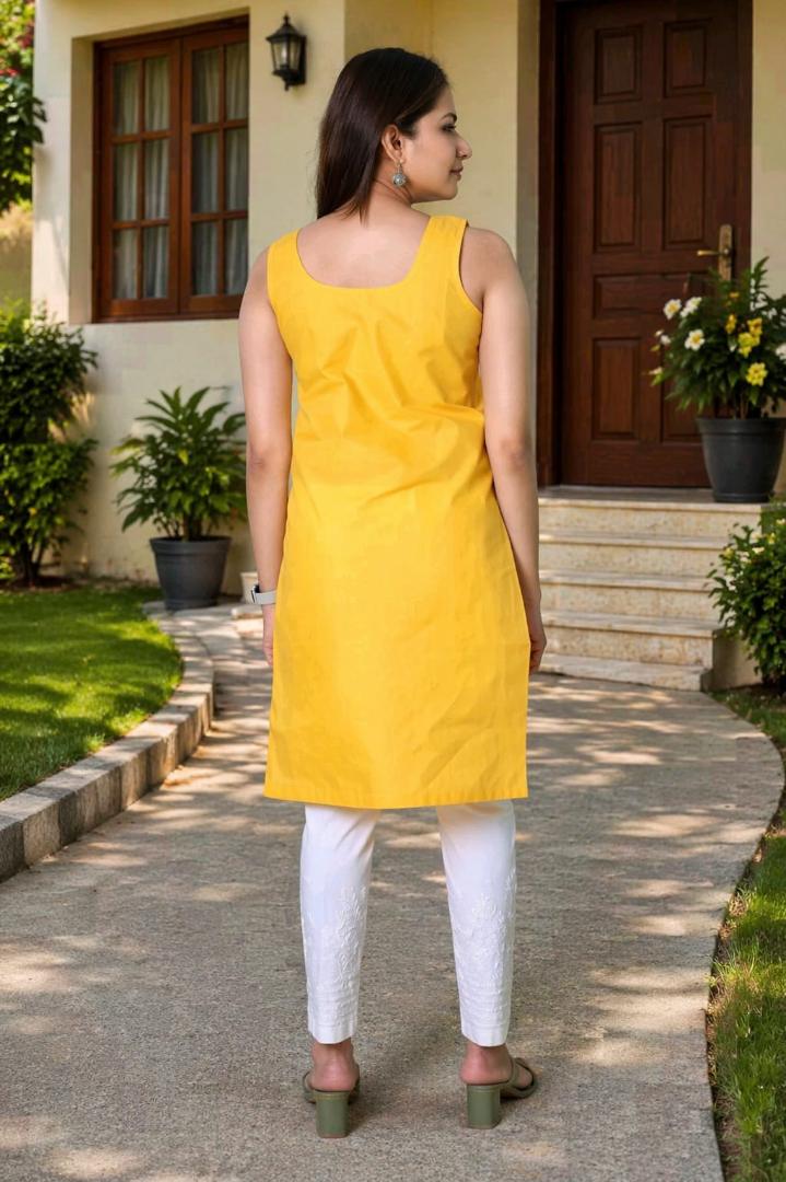 MUSTAKIN CREATION Cotton kurti. febrik leon cotton (Pack of 1) only kurti (Yellow)