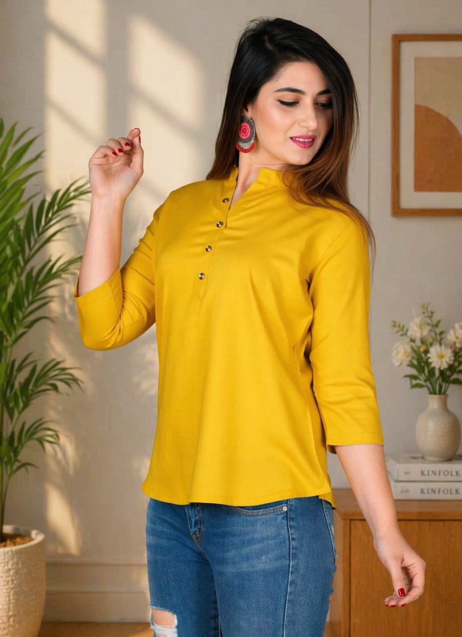 MUSTAKIN CREATION Cotton kurti. febrik leon cotton (Pack of 1) only kurti (Yellow)