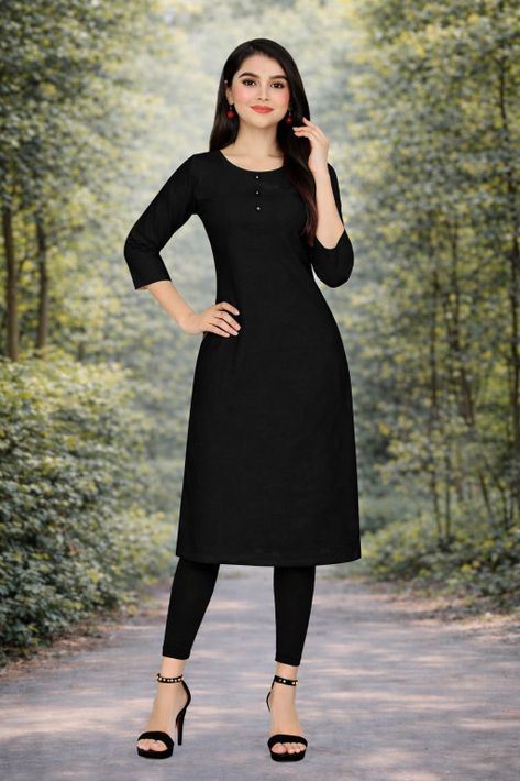 MUSTAKIN CREATION Women Solid Pure Cotton Straight Kurta (Black)