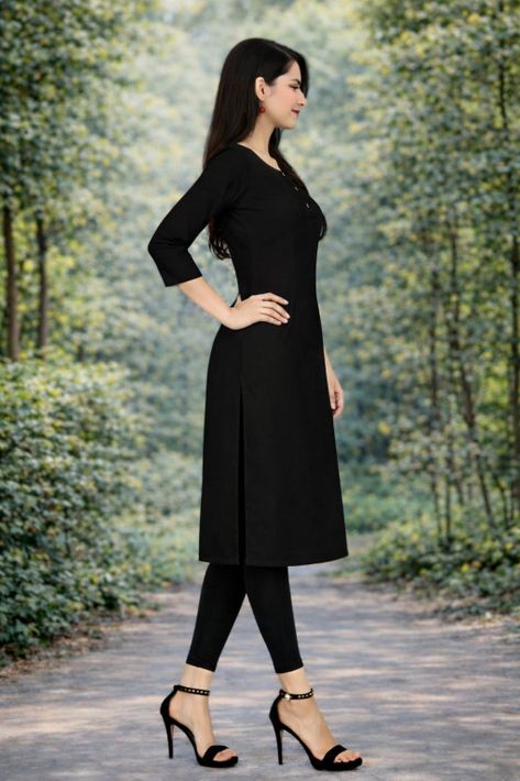 MUSTAKIN CREATION Women Solid Pure Cotton Straight Kurta (Black)