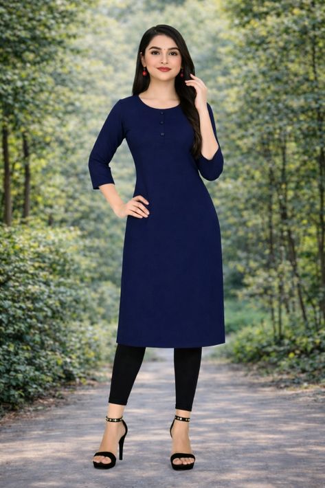 MUSTAKIN CREATION Women Solid Pure Cotton Straight Kurta (Dark Blue)