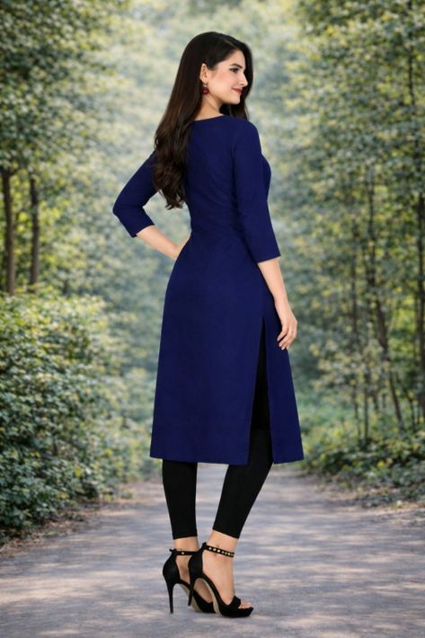 MUSTAKIN CREATION Women Solid Pure Cotton Straight Kurta (Dark Blue)
