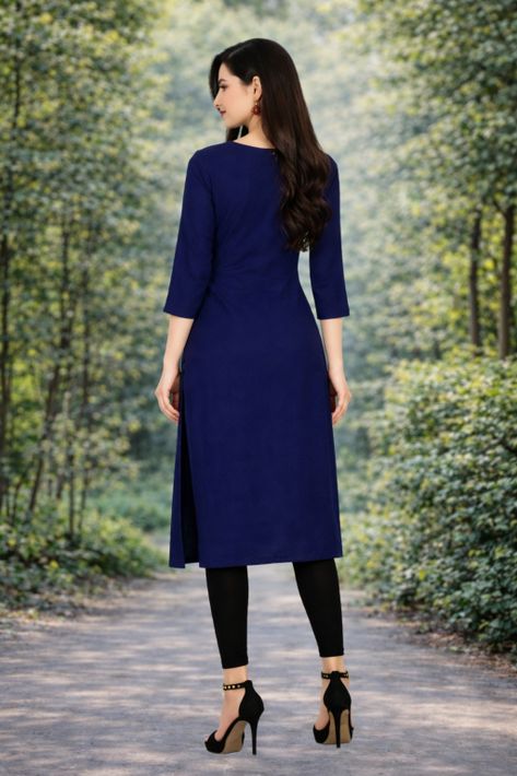 MUSTAKIN CREATION Women Solid Pure Cotton Straight Kurta (Dark Blue)