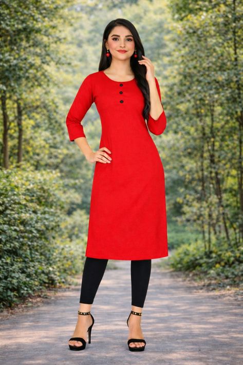 MUSTAKIN CREATION Women Solid Pure Cotton Straight Kurta (Red)
