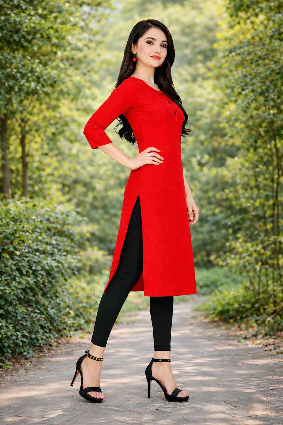 MUSTAKIN CREATION Women Solid Pure Cotton Straight Kurta (Red)