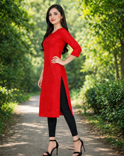 MUSTAKIN CREATION Women Solid Pure Cotton Straight Kurta (Red)