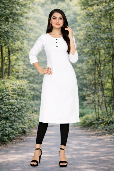 MUSTAKIN CREATION Women Solid Pure Cotton Straight Kurta (White)