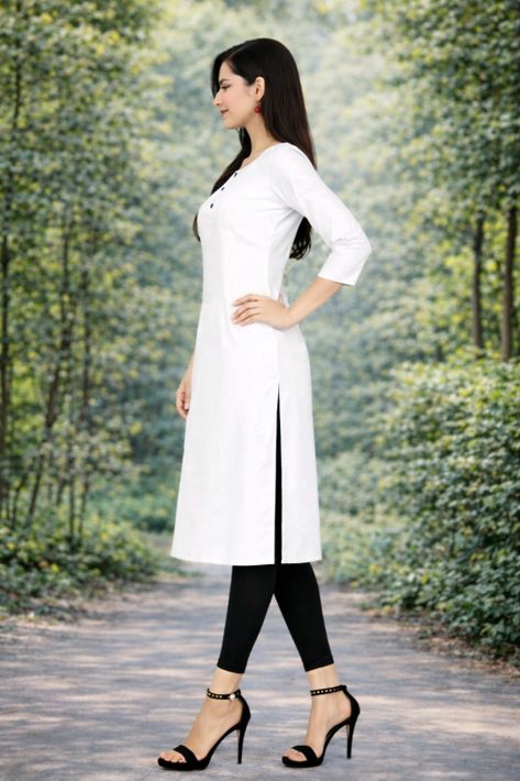 MUSTAKIN CREATION Women Solid Pure Cotton Straight Kurta (White)