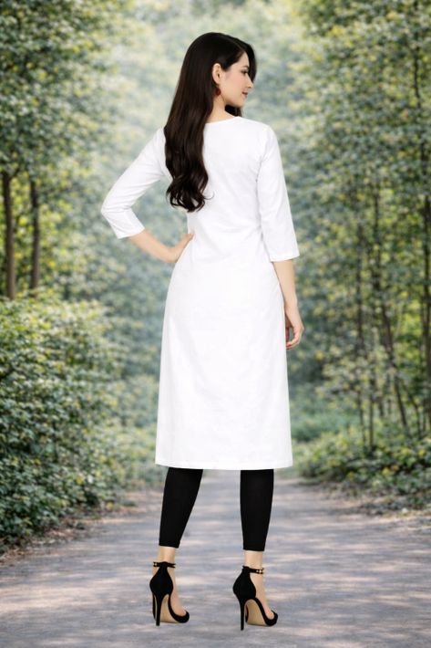 MUSTAKIN CREATION Women Solid Pure Cotton Straight Kurta (White)