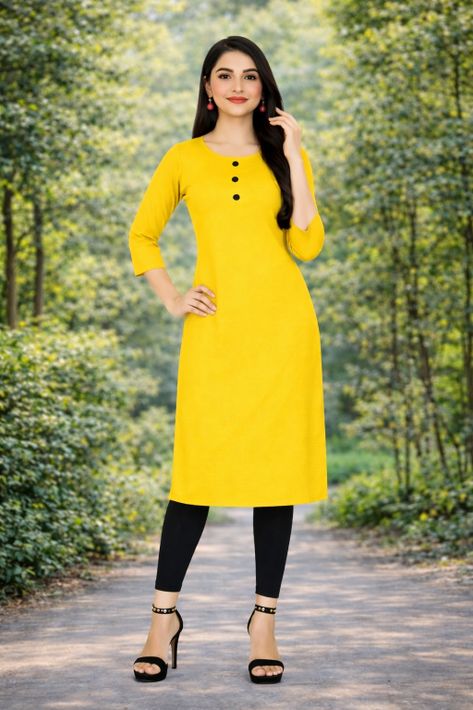 MUSTAKIN CREATION Women Solid Pure Cotton Straight Kurta (Yellow)