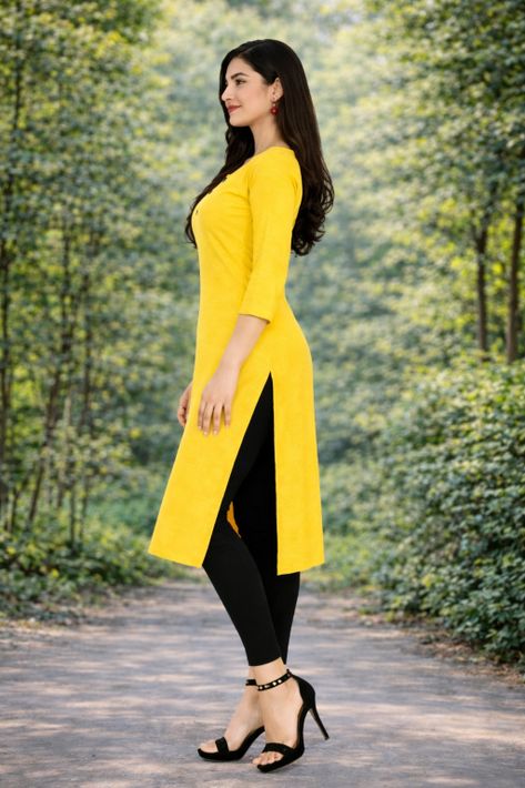 MUSTAKIN CREATION Women Solid Pure Cotton Straight Kurta (Yellow)
