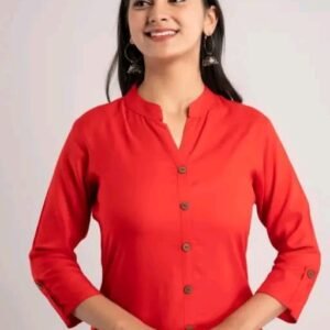 Women’s Solid Red Kurti | Rayon Fabric | 3/4 Sleeve Button Front Straight Kurta | Casual & Ethnic Wear for Daily, Office & Festive Use