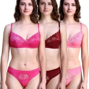 Women's Stylish Lace Bra and Panty Set, Pink, Dark Pink, Maroon, Pack of 3